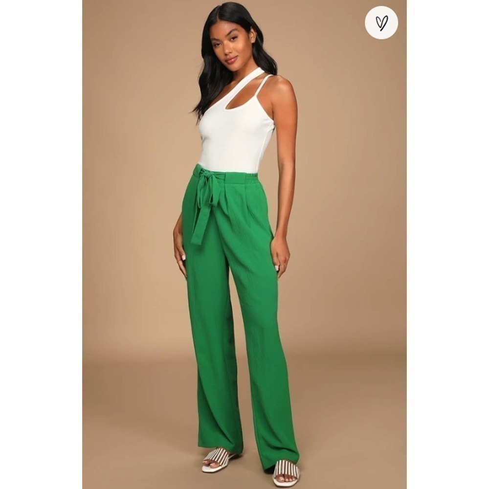 Lulus NWT Sunny Approach Green Tie-Front Wide-Leg Pants Size Medium